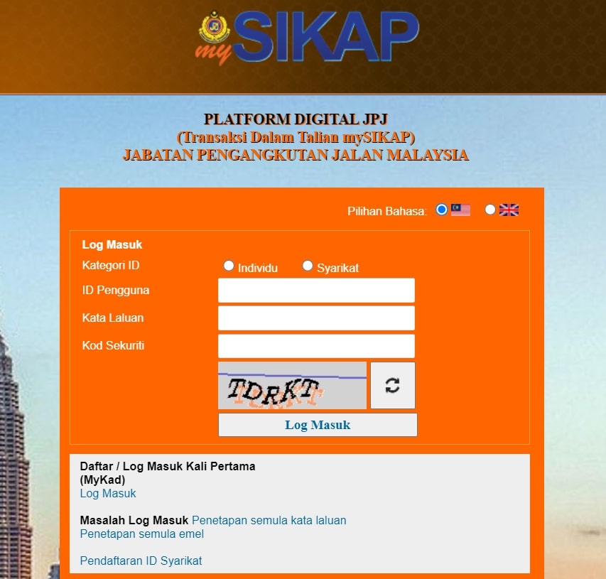 JPJ mySIKAP login page - Website to check & renew driving license
