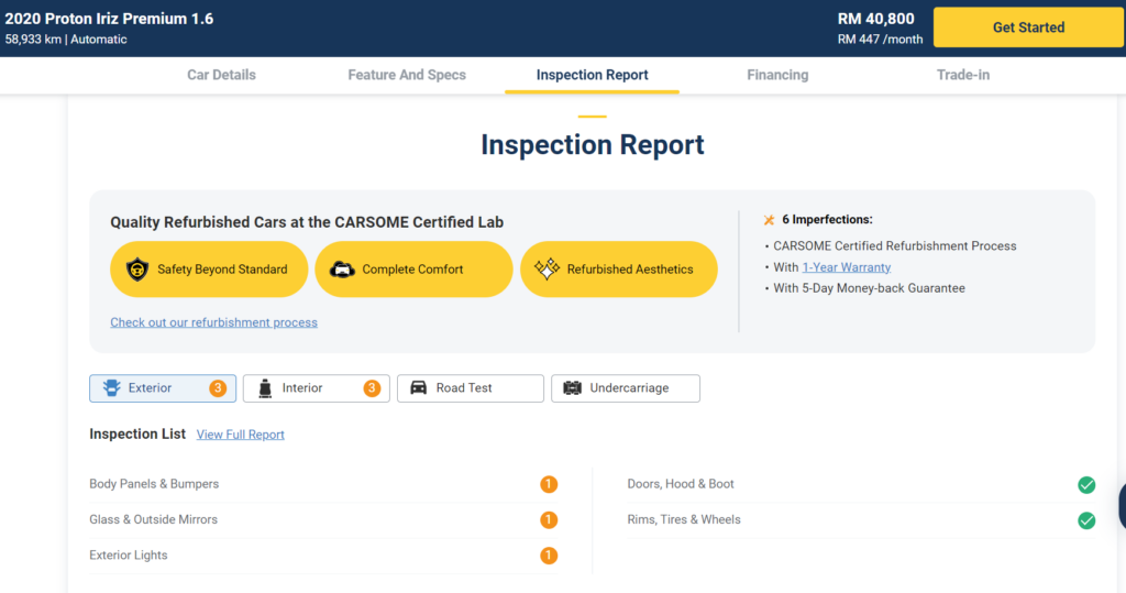 Online CARSOME Inspection Report Example