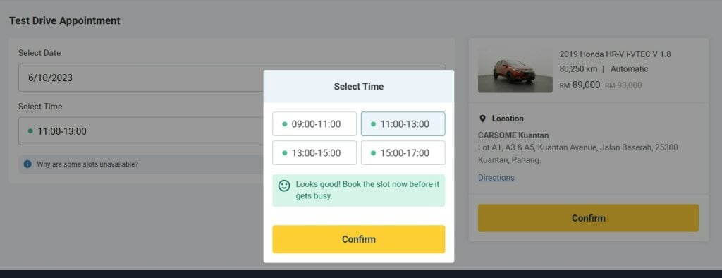 Book a test drive on CARSOME online - Test drive date and time selection page