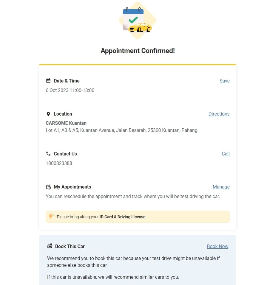 How to book a test drive on CARSOME online - Test drive appointment confirmed page