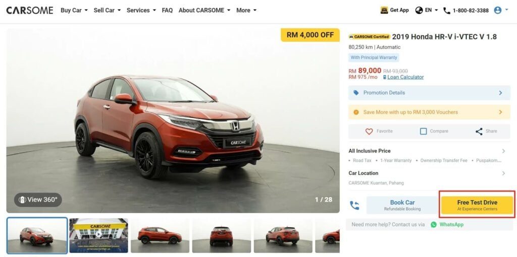 How to book test drive on CARSOME online - Honda HR-V product listing page