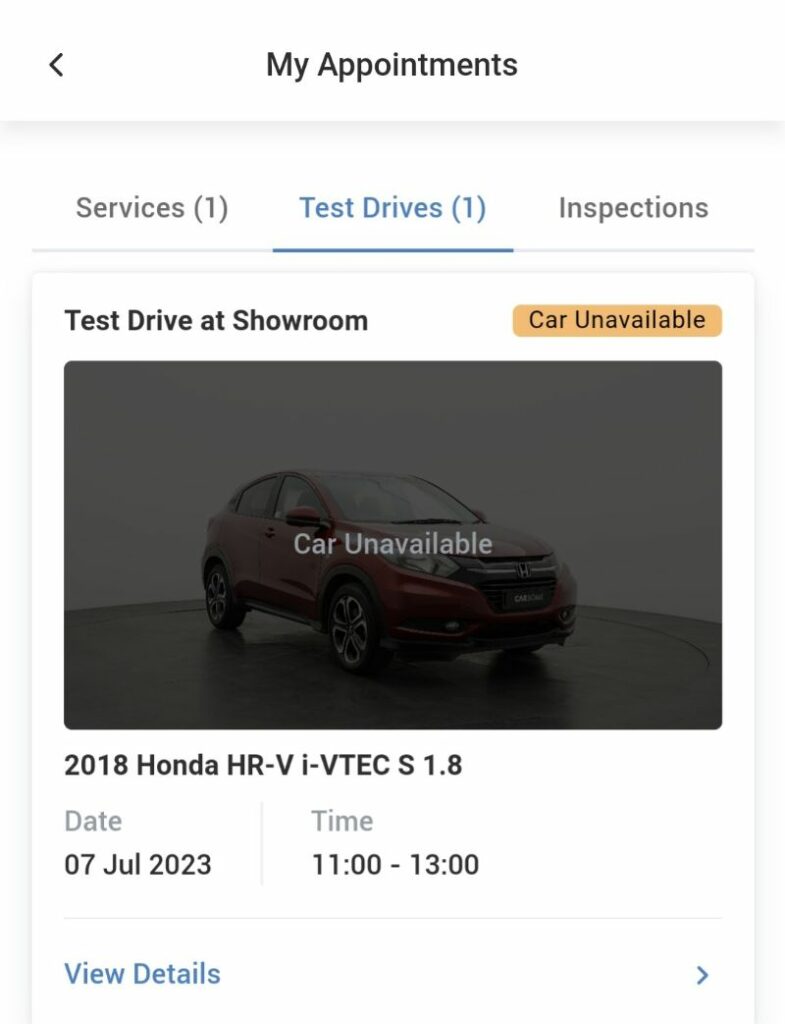 CARSOME app - Check your test drive appointments on the My Appointments page