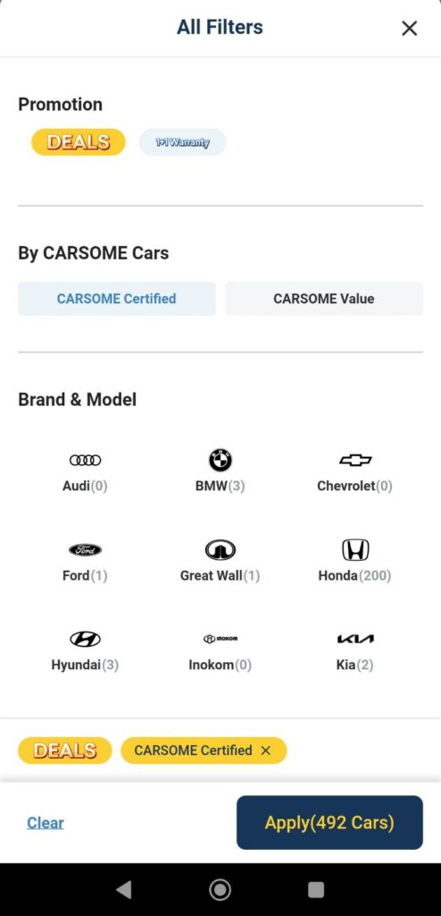 CARSOME app - how to save time buying a car with filters