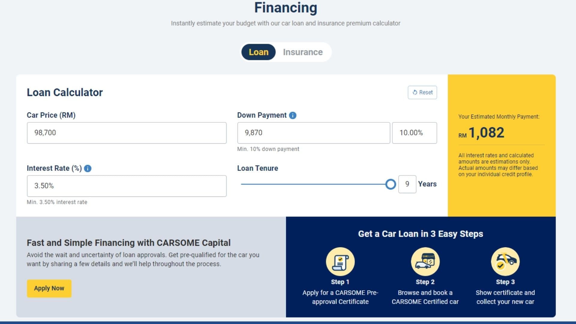Buying used car on CARSOME, loan calculator