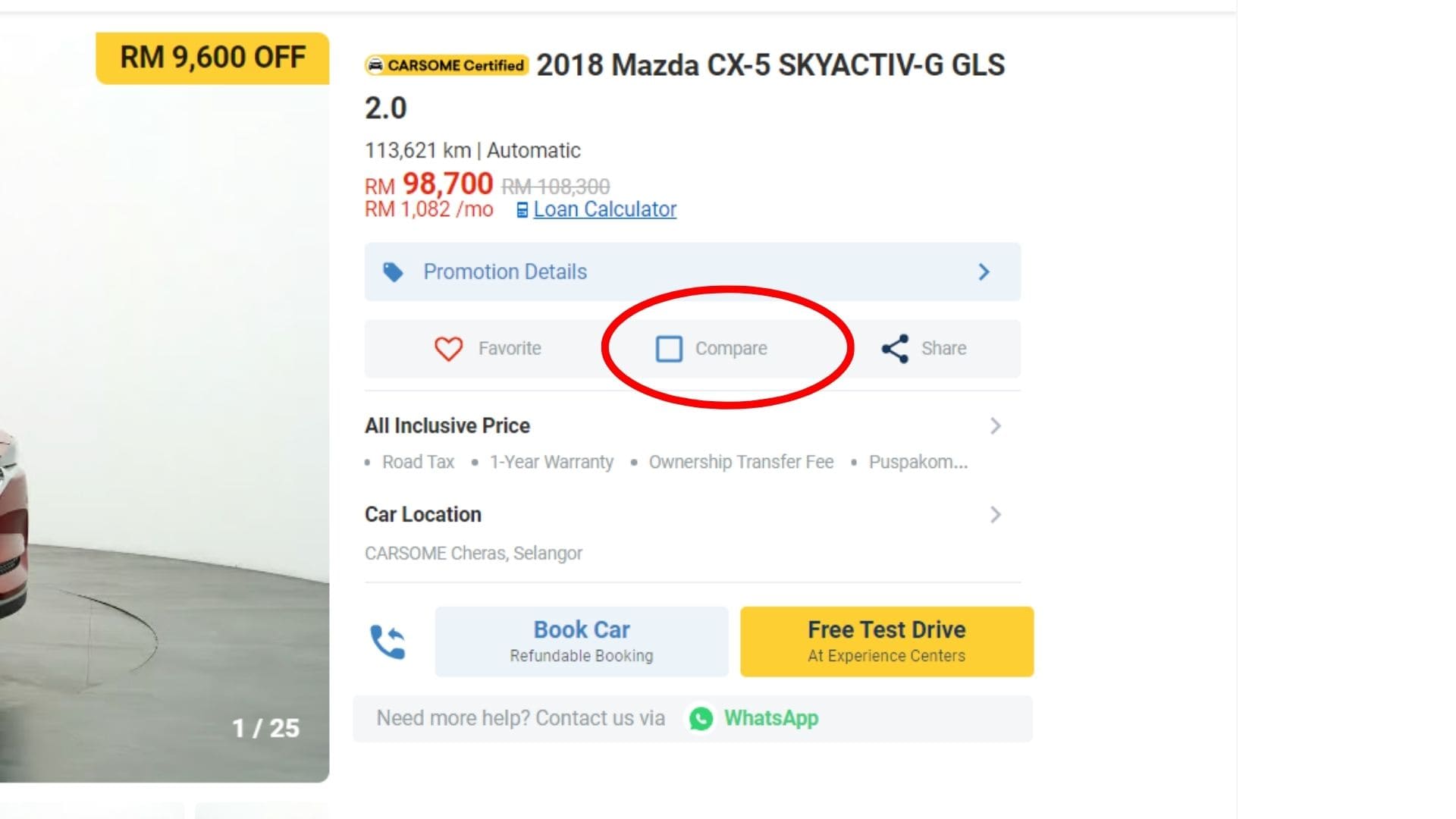 Buying used cars on CARSOME, comparison button