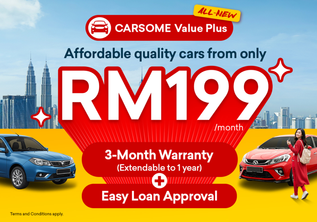 CARSOME Value Plus banner promoting affordable quality cars from RM199 per month in Malaysia