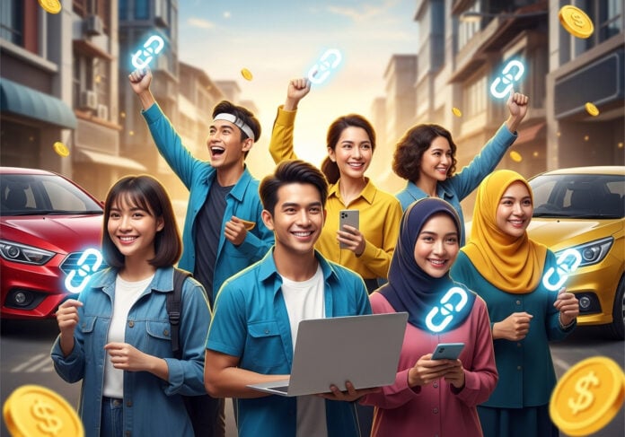 Happy group of diverse young Malaysians holding glowing referral icons and using laptops and smartphones, representing CARSOME x Jooal referral program with money rewards