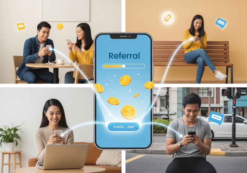 Collage of young Malaysians using smartphones and laptops to share referral links, with central phone screen showing CARSOME x Jooal referral program.