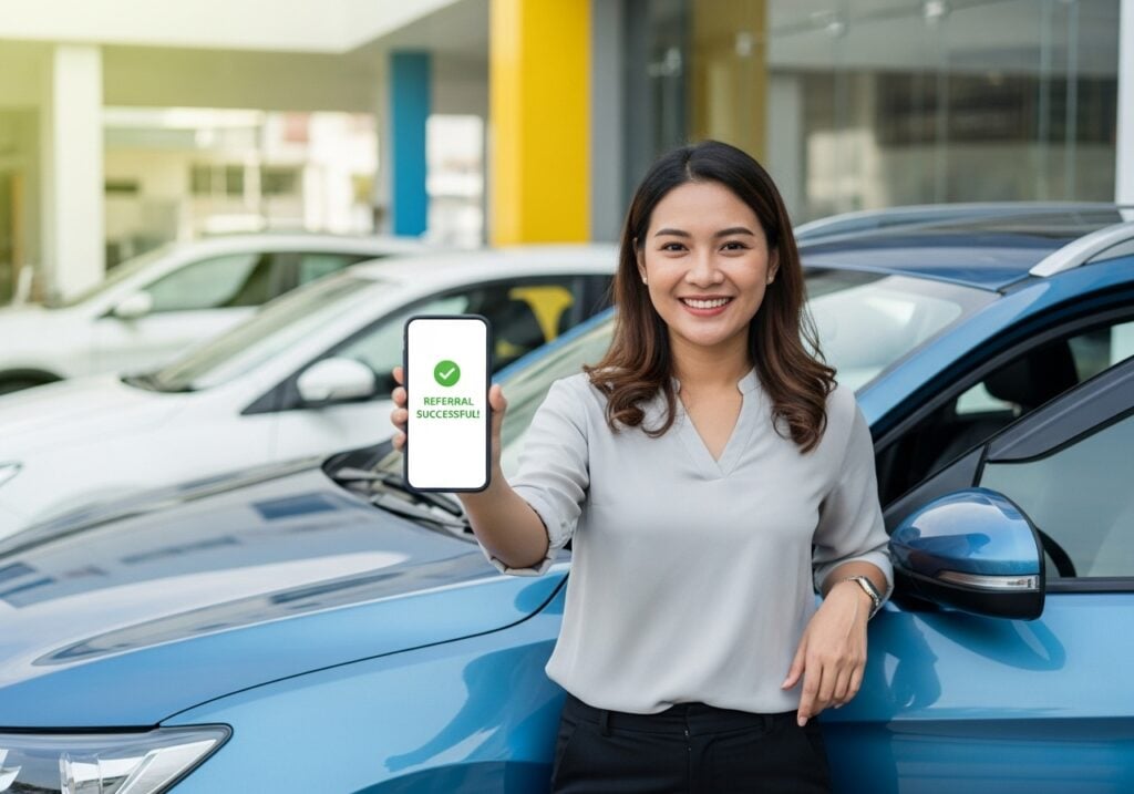 Smiling woman standing beside a blue car, holding smartphone displaying 'Referral Successful' screen, representing CARSOME x Jooal referral program success.