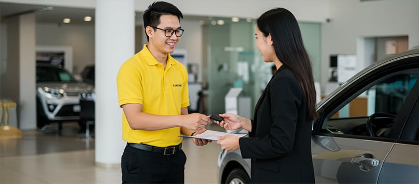 CARSOME staff handing car keys to a customer inside showroom during CARSOME's 10th year anniversary celebration
