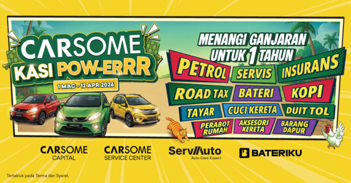 Banner promosi CARSOME Kasi Pow-Errr Raya 2026 yang menampilkan kereta terpakai serta peluang memenangi hadiah selama setahun termasuk petrol, insurans, cukai jalan dan servis kereta.