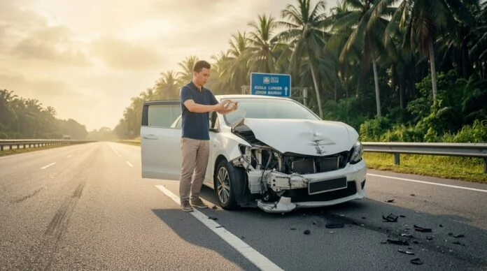 Driver taking photo of his car after accident